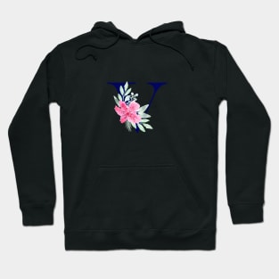 Watercolor Floral Letter V in Navy Hoodie